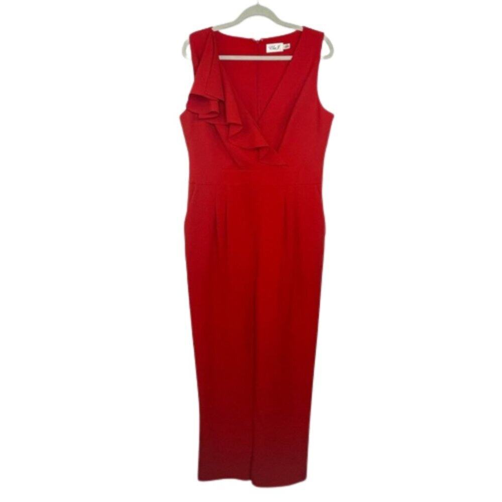 Eliza J Red Sleeveless Jumpsuit ruffled neckline women's size 14